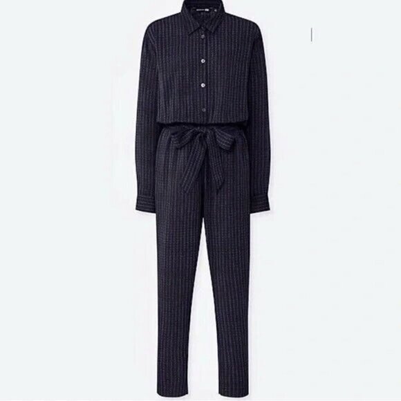 Marimekko x Uniqlo Womens Jumpsuit XS Black Blue Polka Dot Belted Minimalist - Picture 1 of 12